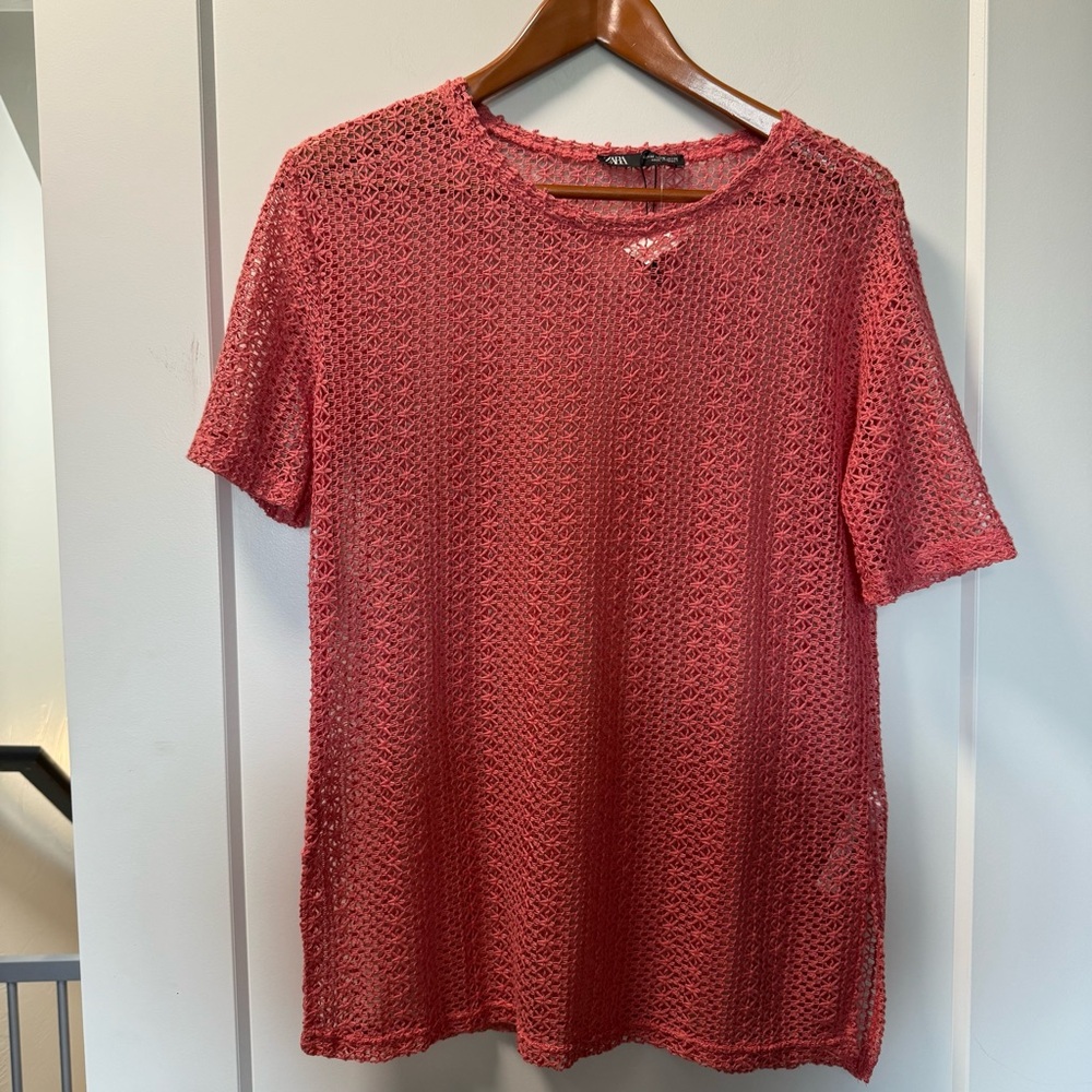 NWOT Zara Short Sleeve Knit Net See Through Sheer Top‎ Coverup Blouse Stretchy M